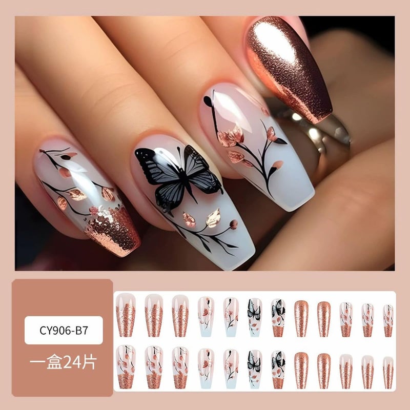 juggssa Long Press on Nails Coffin French Fake Nails with Butterfly Leaf Print Designs Acrylic Nails Press on Glitter French Glue on Nails Gradient False Nails with Glue Spring Stick on Nails for Women 24PCS - Image 4